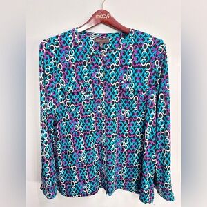 dana buchman blue purple white black geometric blouse tops size XL